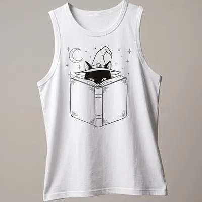 Line art of a black cat reading a book while wearing a witch hat — printed on a tank top