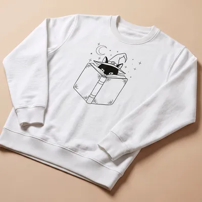 Line art of a black cat reading a book while wearing a witch hat — printed on a unisex sweatshirt