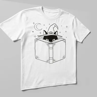 Line art of a black cat reading a book while wearing a witch hat — printed on a unisex t-shirt (angled view)