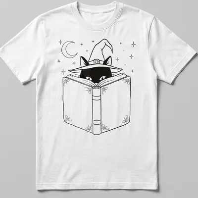 Line art of a black cat reading a book while wearing a witch hat