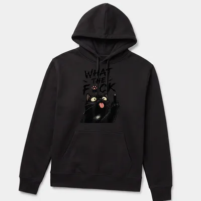 Illustration of a sarcastic black cat with the text 'WHAT the F*CK' in comic style — printed on a unisex hoodie