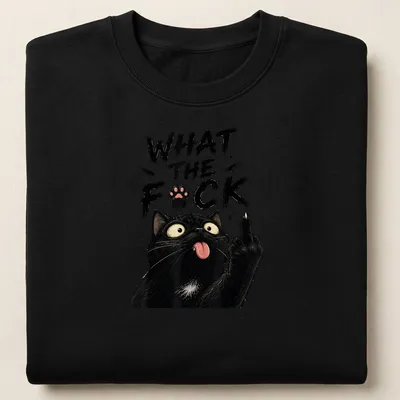 Illustration of a sarcastic black cat with the text 'WHAT the F*CK' in comic style — printed on a unisex sweatshirt