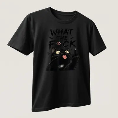Illustration of a sarcastic black cat with the text 'WHAT the F*CK' in comic style — printed on a unisex t-shirt (angled view)