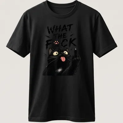 Illustration of a sarcastic black cat with the text 'WHAT the F*CK' in comic style