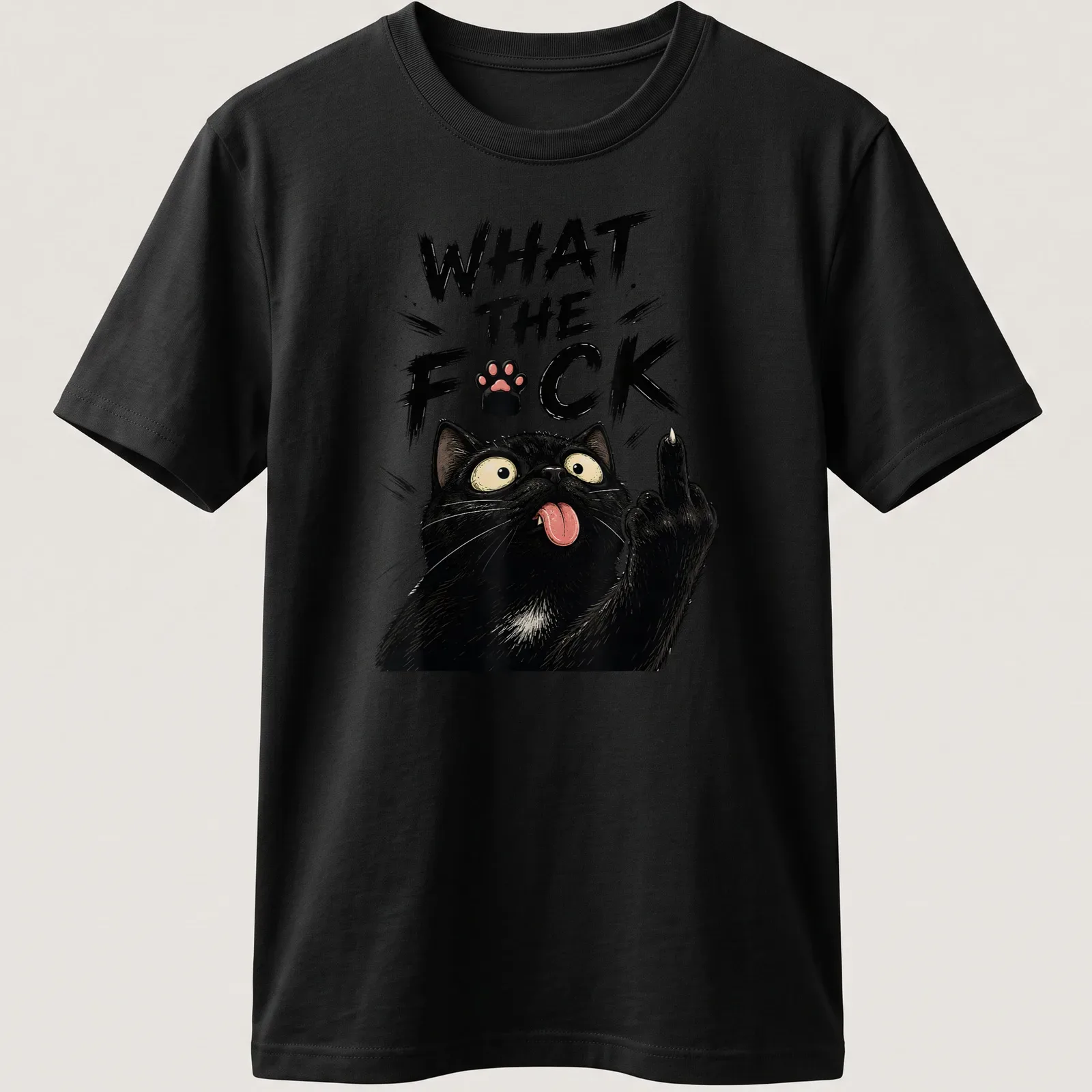 Illustration of a sarcastic black cat with the text 'WHAT the F*CK' in comic style — printed on a unisex t-shirt