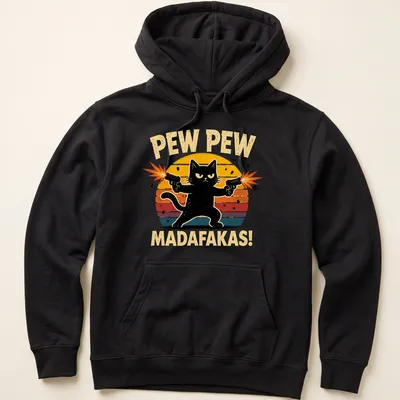 A retro distressed black cat with guns and text "PEW PEW MADAFAKAS!" — printed on a unisex hoodie