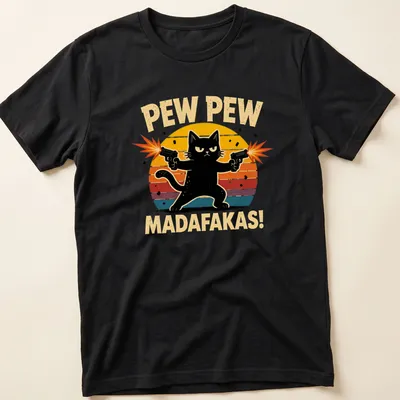 A retro distressed black cat with guns and text "PEW PEW MADAFAKAS!"
