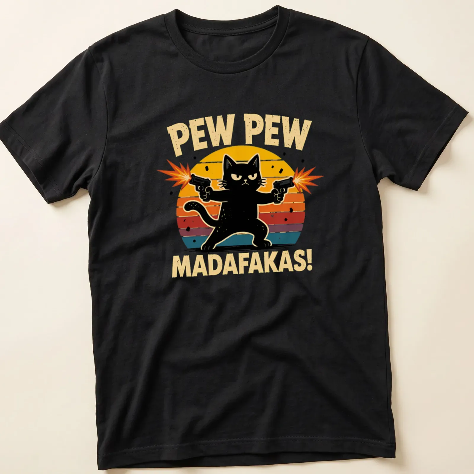 A retro distressed black cat with guns and text "PEW PEW MADAFAKAS!" — printed on a unisex t-shirt