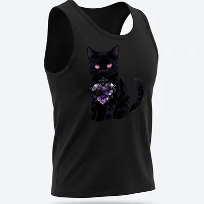 Anime style illustration of a black cat with a heart and rose in purple and pink — printed on a tank top