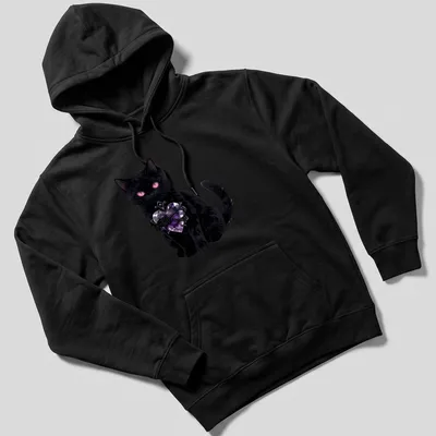 Anime style illustration of a black cat with a heart and rose in purple and pink — printed on a unisex hoodie