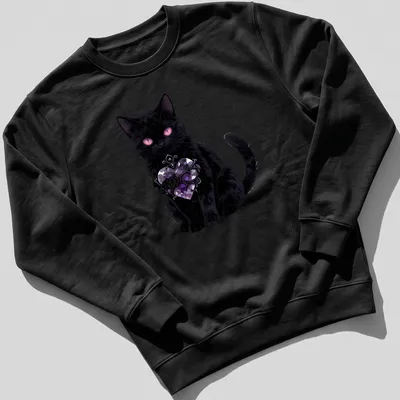 Anime style illustration of a black cat with a heart and rose in purple and pink — printed on a unisex sweatshirt