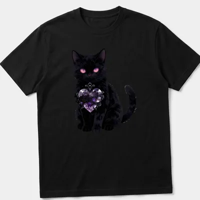 Anime style illustration of a black cat with a heart and rose in purple and pink