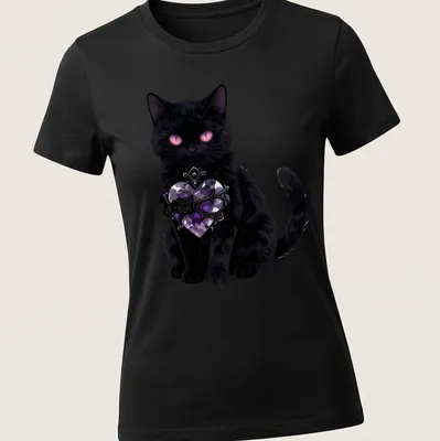 Anime style illustration of a black cat with a heart and rose in purple and pink — printed on a women's shirt