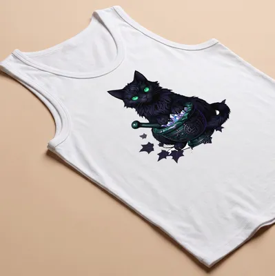 Gothic print of a black cat surrounded by mortar and crystals in greens, purples, and whites — printed on a tank top