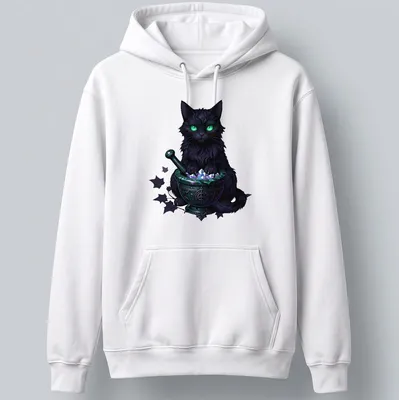 Gothic print of a black cat surrounded by mortar and crystals in greens, purples, and whites — printed on a unisex hoodie