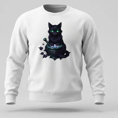 Gothic print of a black cat surrounded by mortar and crystals in greens, purples, and whites — printed on a unisex sweatshirt