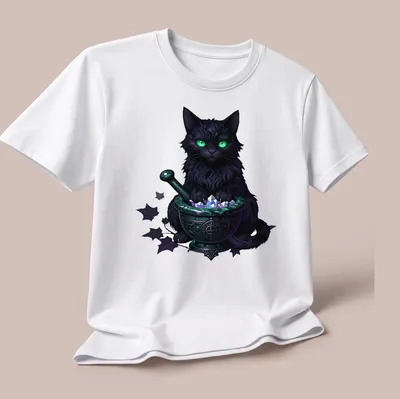Gothic print of a black cat surrounded by mortar and crystals in greens, purples, and whites — printed on a unisex t-shirt (angled view)