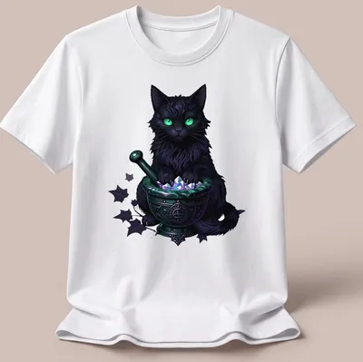 Gothic print of a black cat surrounded by mortar and crystals in greens, purples, and whites
