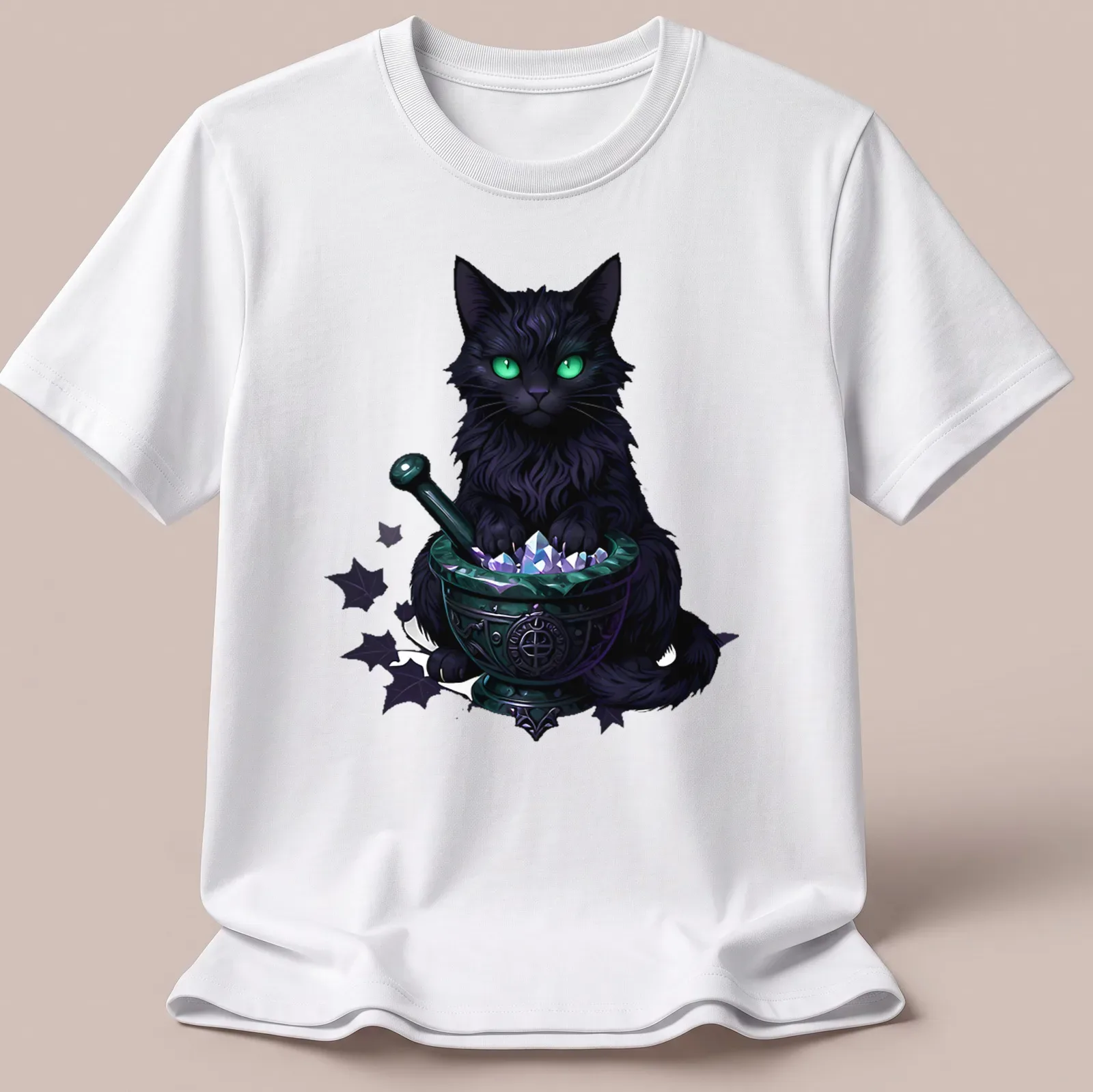 Gothic print of a black cat surrounded by mortar and crystals in greens, purples, and whites — printed on a unisex t-shirt