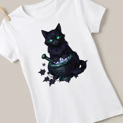 Gothic print of a black cat surrounded by mortar and crystals in greens, purples, and whites — printed on a women's shirt