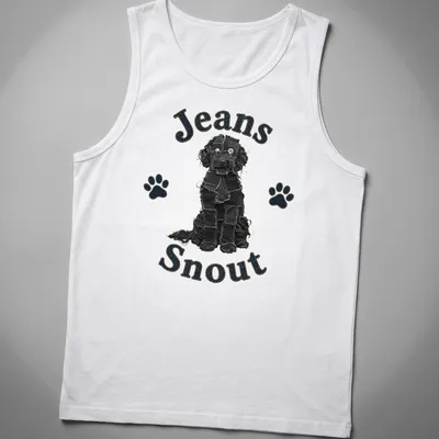 Illustration of a black dog with a denim patch snout and bold text above. — printed on a tank top
