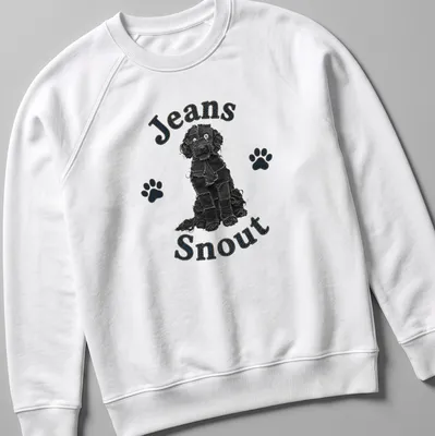 Illustration of a black dog with a denim patch snout and bold text above. — printed on a unisex sweatshirt