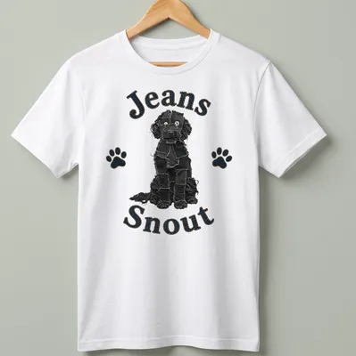 Illustration of a black dog with a denim patch snout and bold text above.