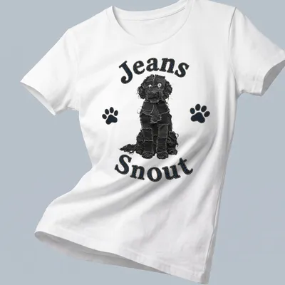 Illustration of a black dog with a denim patch snout and bold text above. — printed on a women's shirt