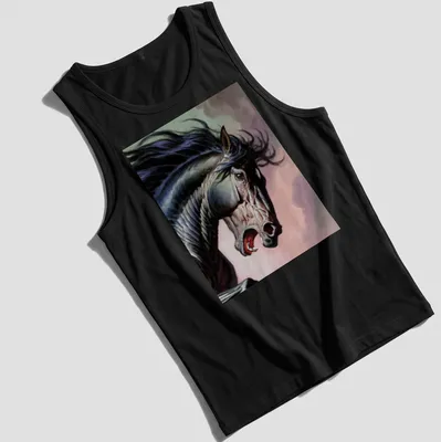 Dramatic realism of a black horse's head showcasing intense expression and colors — printed on a tank top