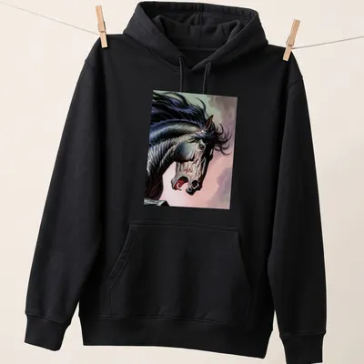 Dramatic realism of a black horse's head showcasing intense expression and colors — printed on a unisex hoodie