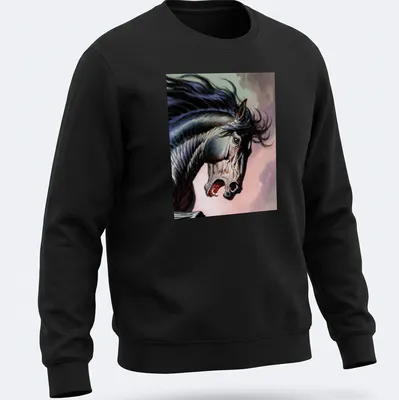 Dramatic realism of a black horse's head showcasing intense expression and colors — printed on a unisex sweatshirt