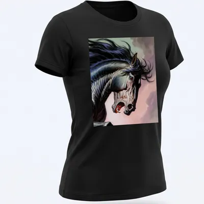 Dramatic realism of a black horse's head showcasing intense expression and colors — printed on a women's shirt