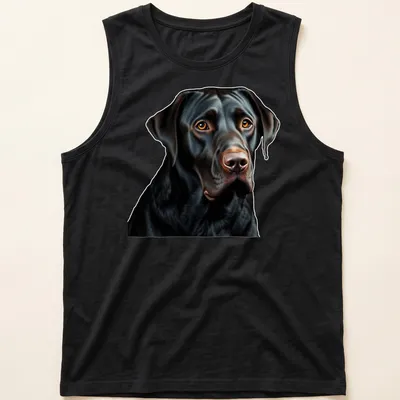 Realistic black Labrador Retriever t-shirt depicting a soulful dog expression — printed on a tank top