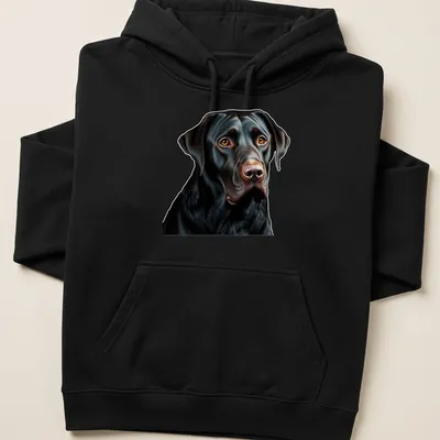 Realistic black Labrador Retriever t-shirt depicting a soulful dog expression — printed on a unisex hoodie