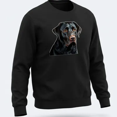 Realistic black Labrador Retriever t-shirt depicting a soulful dog expression — printed on a unisex sweatshirt