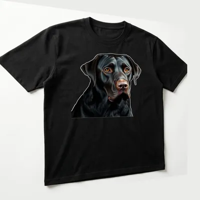 Realistic black Labrador Retriever t-shirt depicting a soulful dog expression — printed on a unisex t-shirt (angled view)