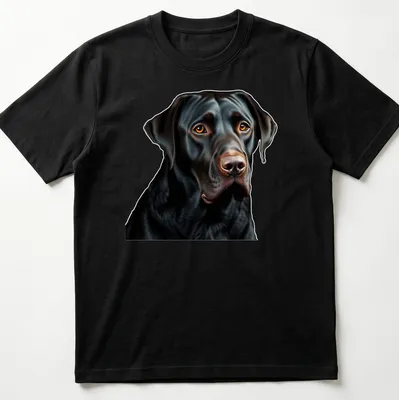 Realistic black Labrador Retriever t-shirt depicting a soulful dog expression