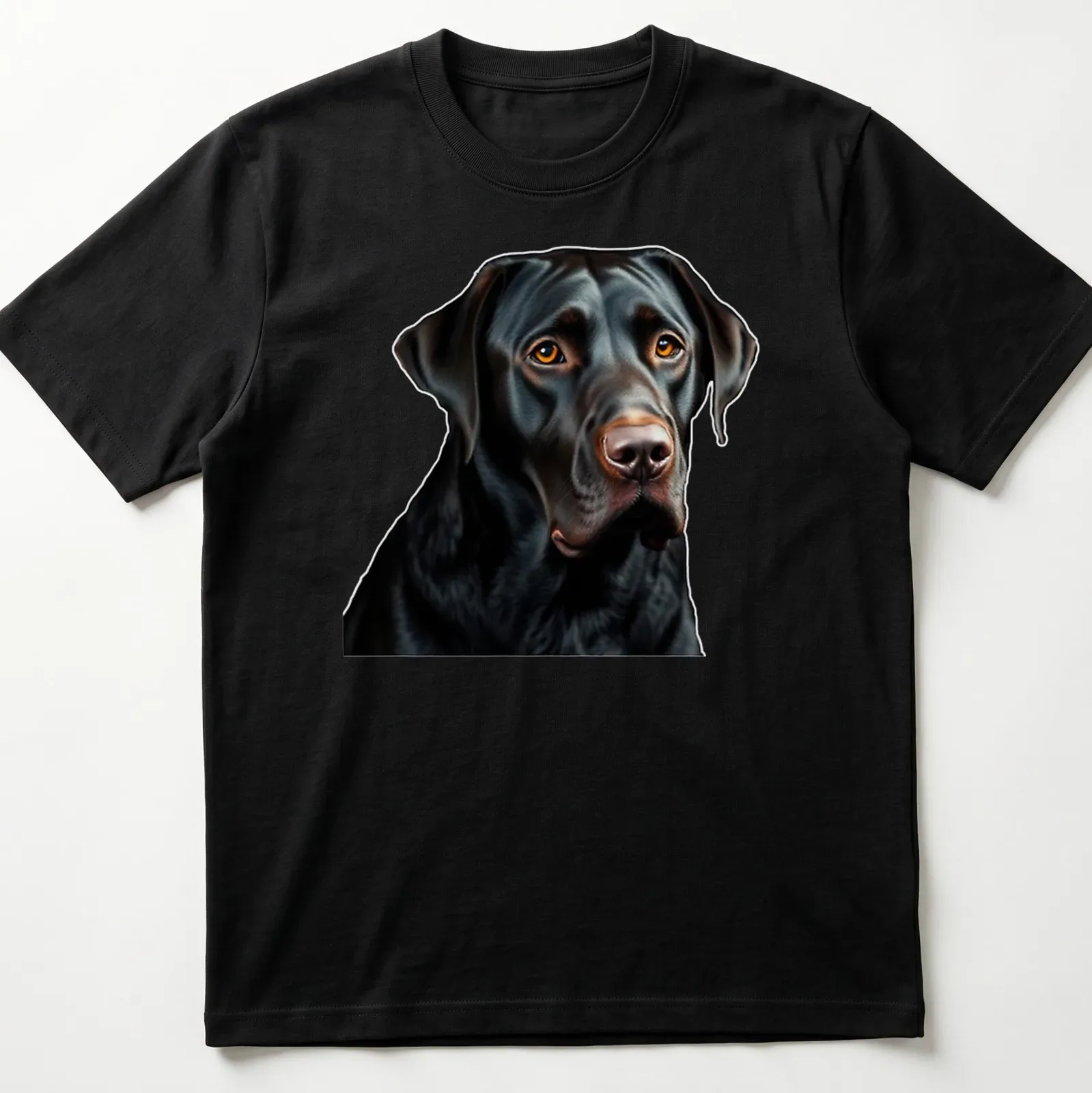 Realistic black Labrador Retriever t-shirt depicting a soulful dog expression — printed on a unisex t-shirt