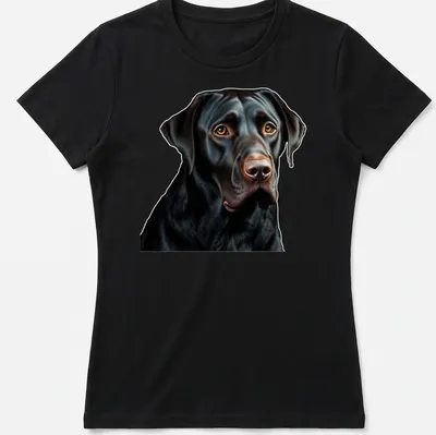 Realistic black Labrador Retriever t-shirt depicting a soulful dog expression — printed on a women's shirt