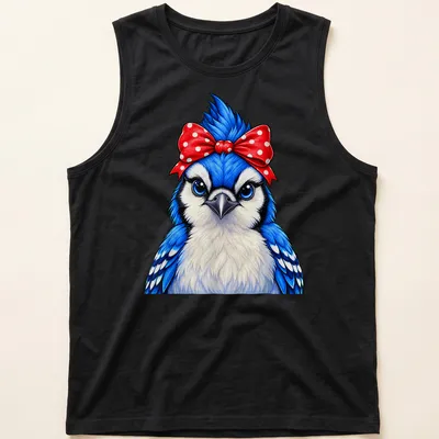 Cartoon Blue Jay bird wearing a red polka dot bow on a colorful — printed on a tank top