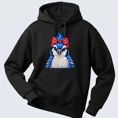 Cartoon Blue Jay bird wearing a red polka dot bow on a colorful — printed on a unisex hoodie