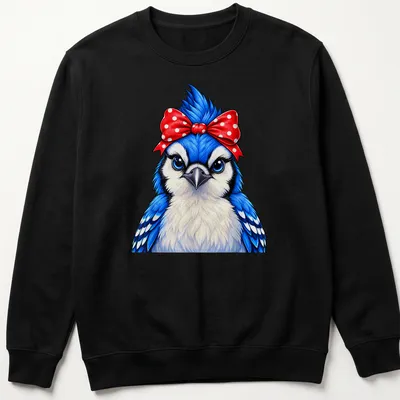 Cartoon Blue Jay bird wearing a red polka dot bow on a colorful — printed on a unisex sweatshirt