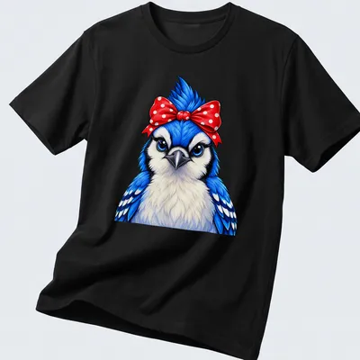 Cartoon Blue Jay bird wearing a red polka dot bow on a colorful T-shirt