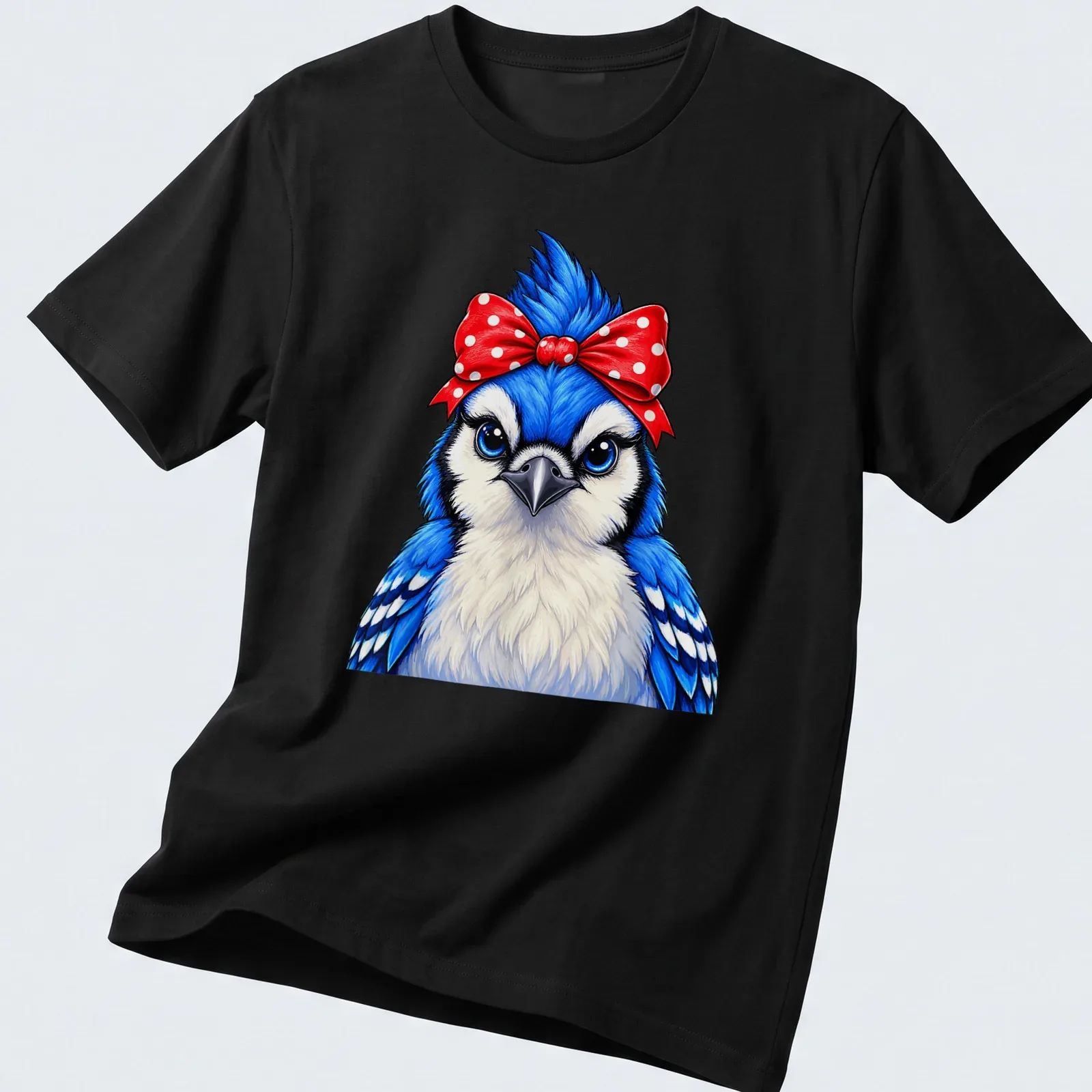 Cartoon Blue Jay bird wearing a red polka dot bow on a colorful — printed on a unisex t-shirt