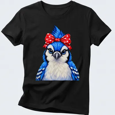 Cartoon Blue Jay bird wearing a red polka dot bow on a colorful — printed on a women's shirt