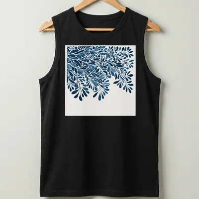 Modern botanical blue leafy silhouette on a white background — printed on a tank top