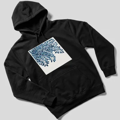 Modern botanical blue leafy silhouette on a white background — printed on a unisex hoodie