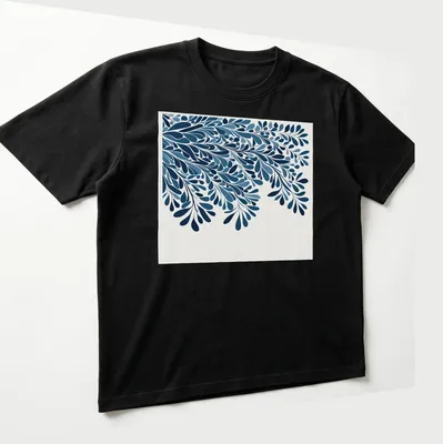 Modern botanical blue leafy silhouette on a white background — printed on a unisex t-shirt (angled view)