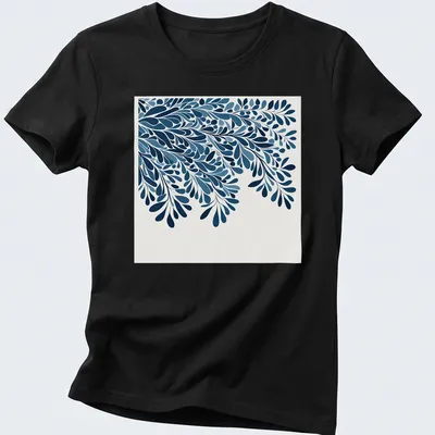 Modern botanical blue leafy silhouette on a white background — printed on a women's shirt