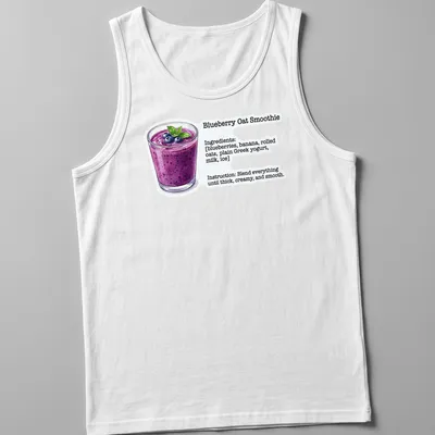 Illustrative t-shirt featuring ingredients and instructions for a blueberry oat smoothie — printed on a tank top
